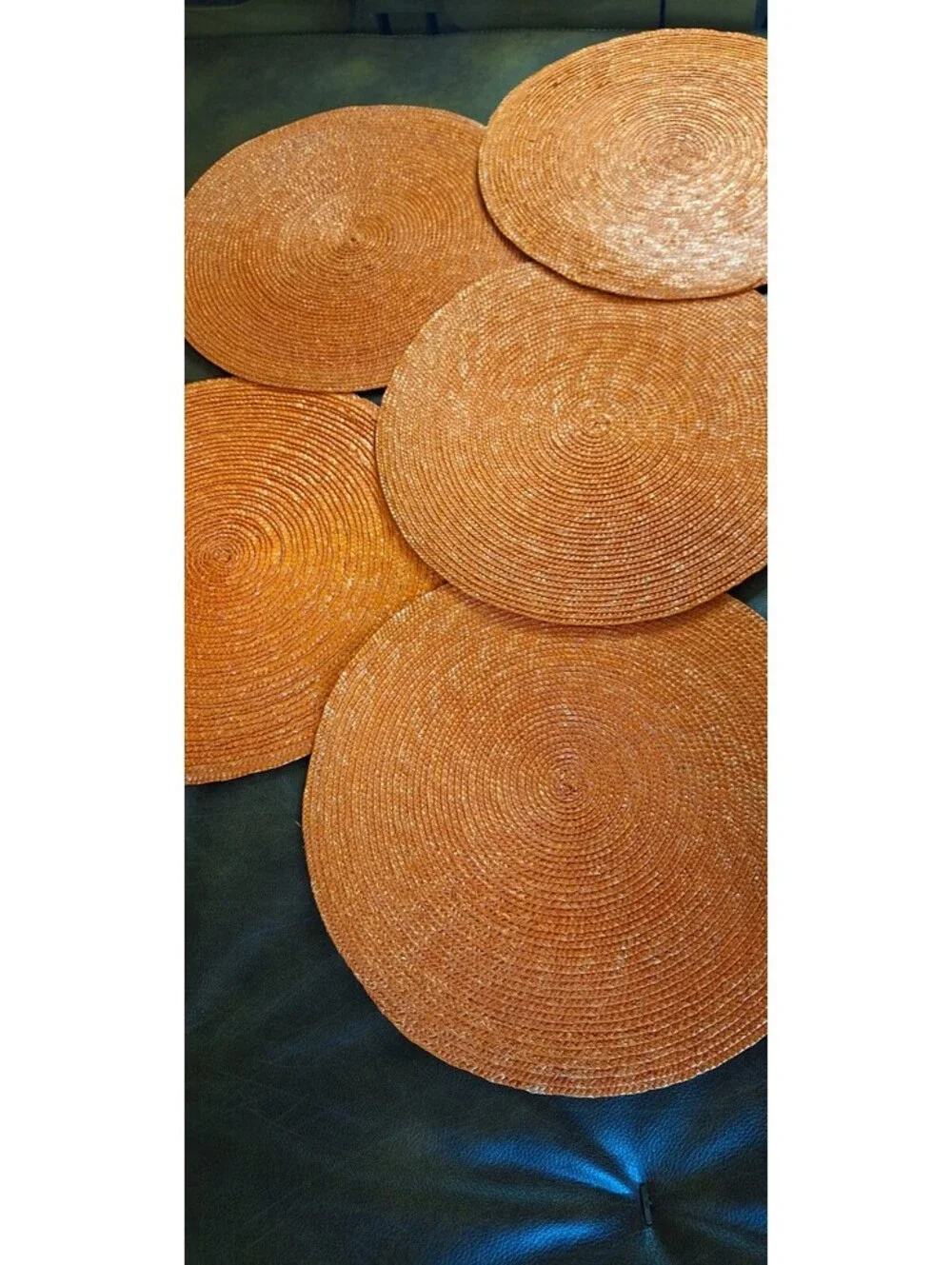 Woven Vintage Round Orange Straw Placemats 15 Inches Diameter - Set Of 5